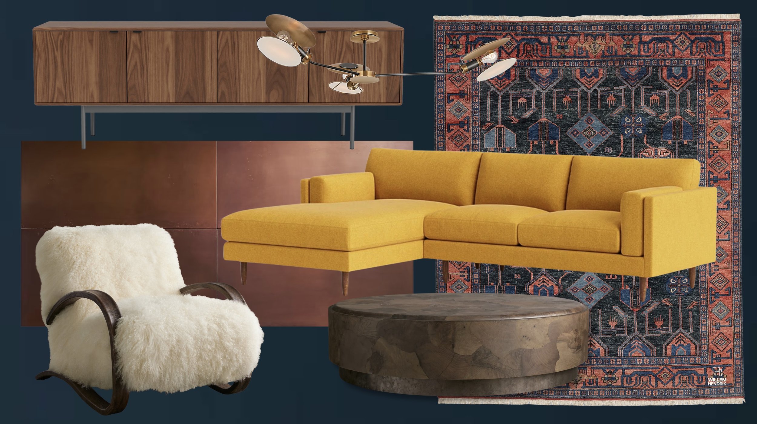 The final moodboard with all the primary pieces for our living room.