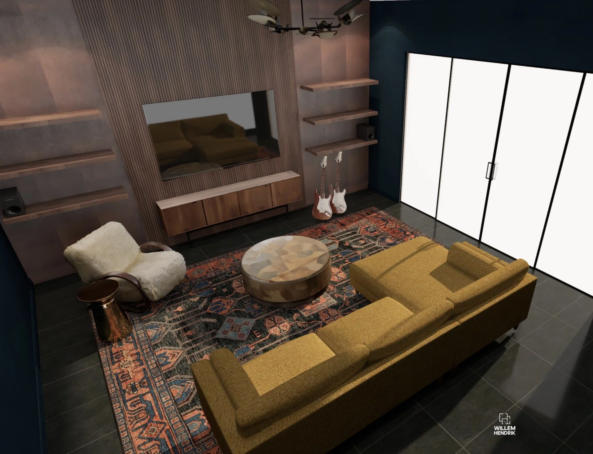 The 3D concept render of the family room design with mustard sectional sofa, shearling chair, walnut slat TV wall, and patterned Oushak rug — Discovery West, Bend, Oregon