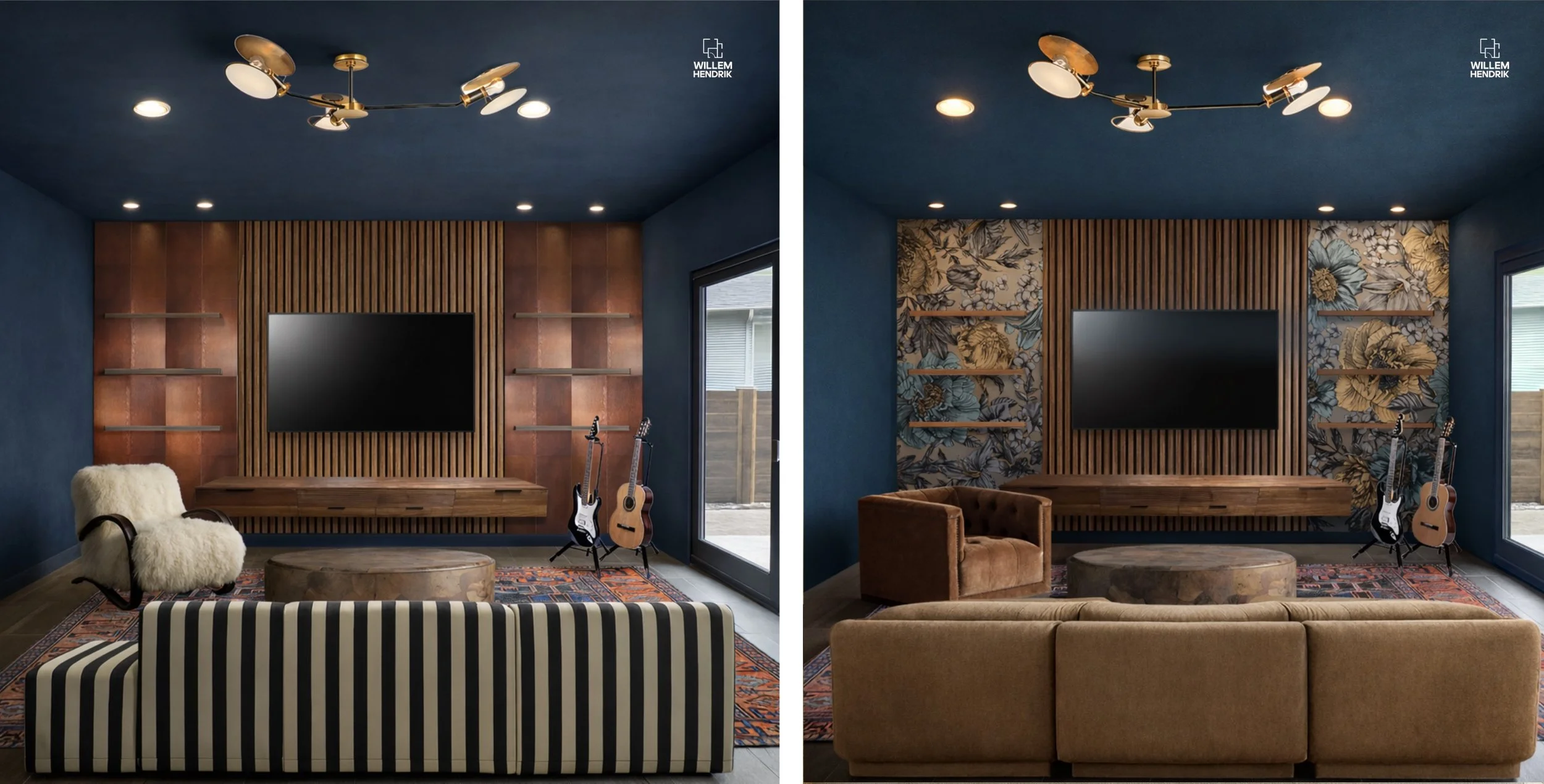 Side-by-side design concept renders of the blue family room with walnut slat TV wall, comparing a black-and-white striped sofa against a botanical wallpaper and brown sofa option — Discovery West, Bend, Oregon