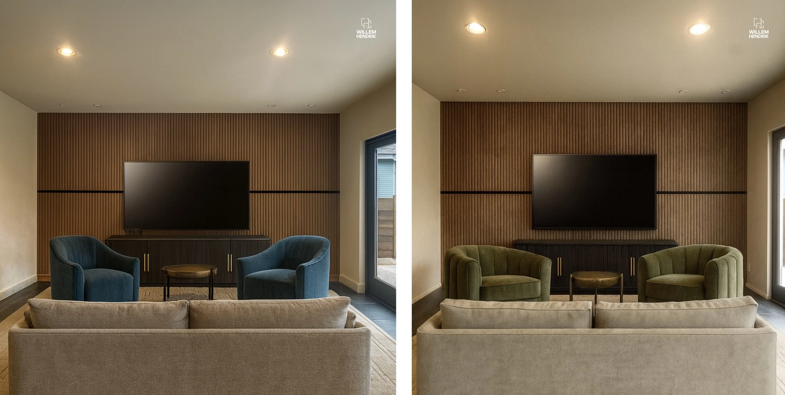 Side-by-side initial neutral design concepts for the family room with wood slat TV wall, comparing blue and olive green armchair options — early concept phase, Discovery West, Bend, Oregon