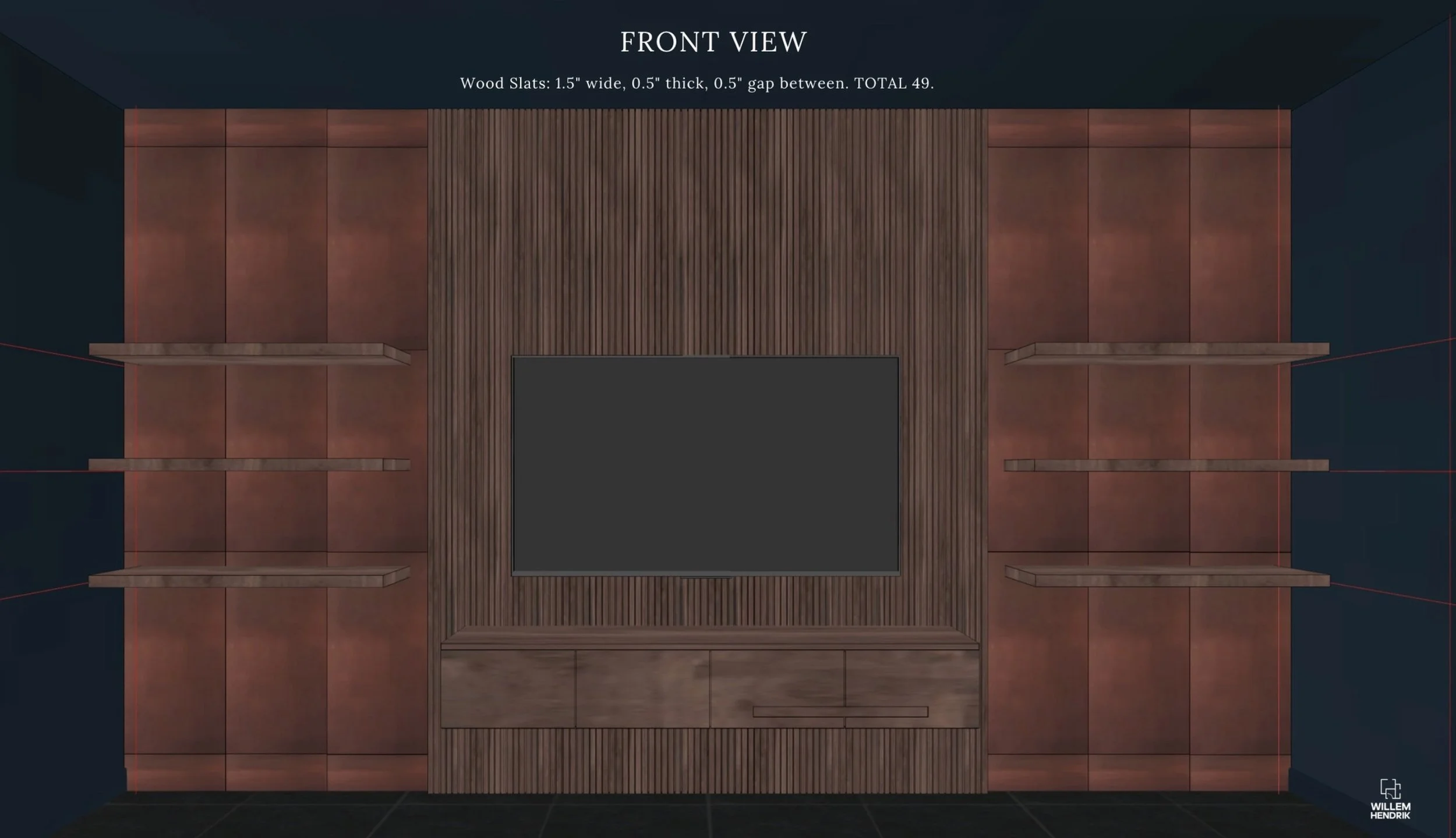 Walnut slat wall design render with TV niche, floating shelves, and copper cabinetry — Discovery West family room remodel, Bend, Oregon