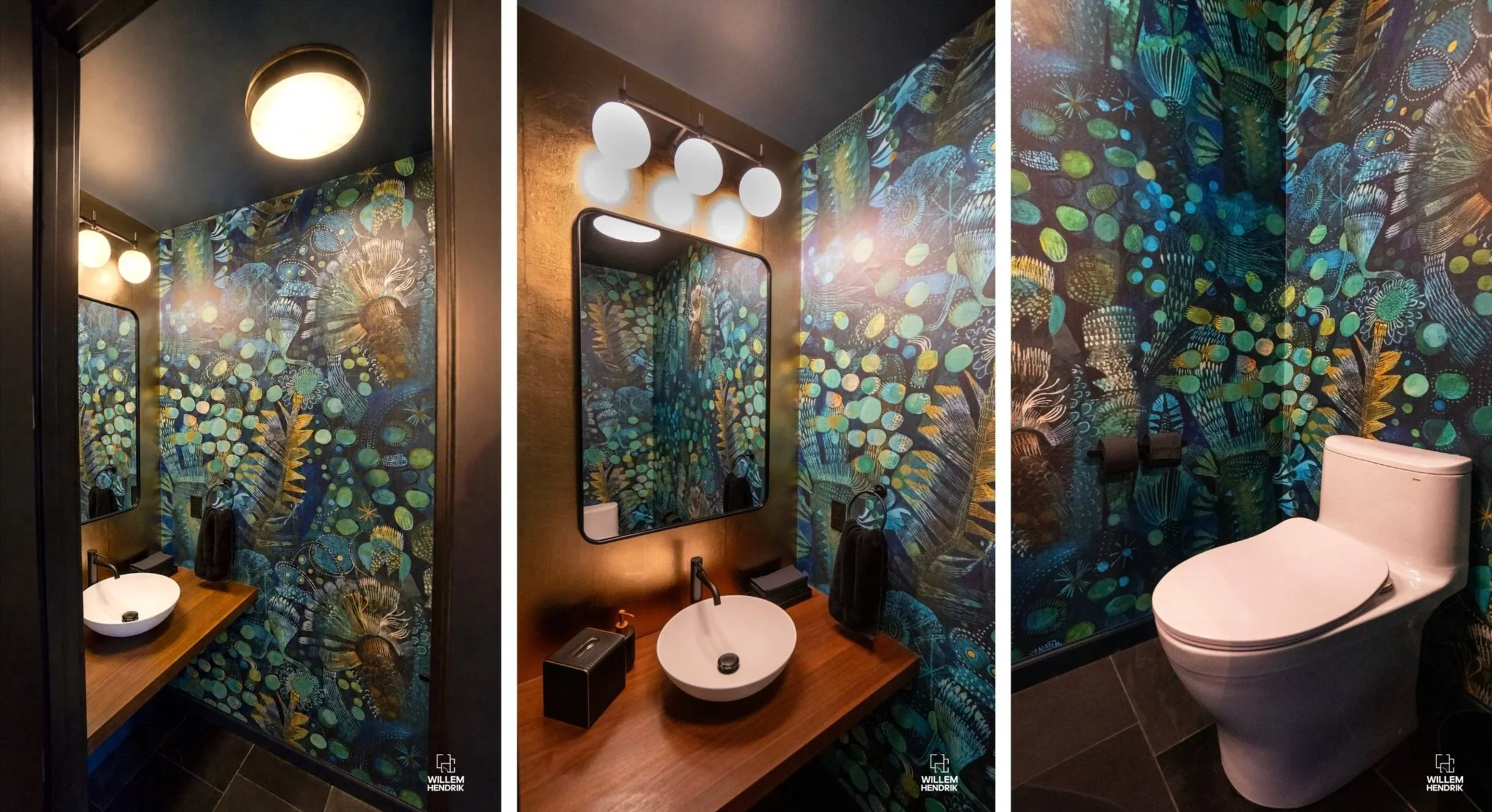 Three views of the finished powder room with botanical blue and gold wallpaper, walnut vanity, vessel sink, and matte black fixtures — Discovery West remodel, Bend, Oregon
