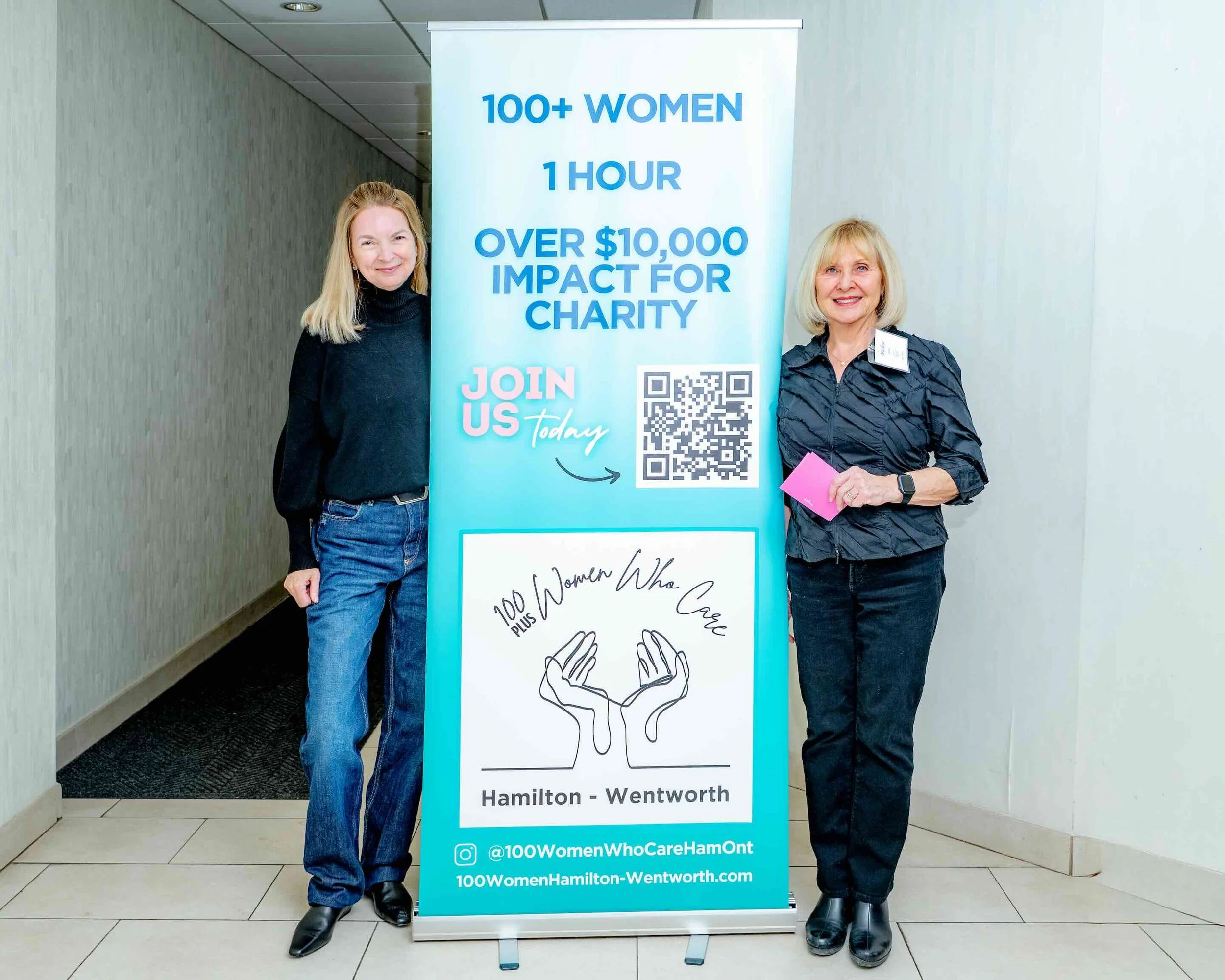 Members Cathy Grant and Marlene Gibson at 100 Women Who Care Hamilton-Wentworth's winter meeting, Carmen’s. Feb. 4.