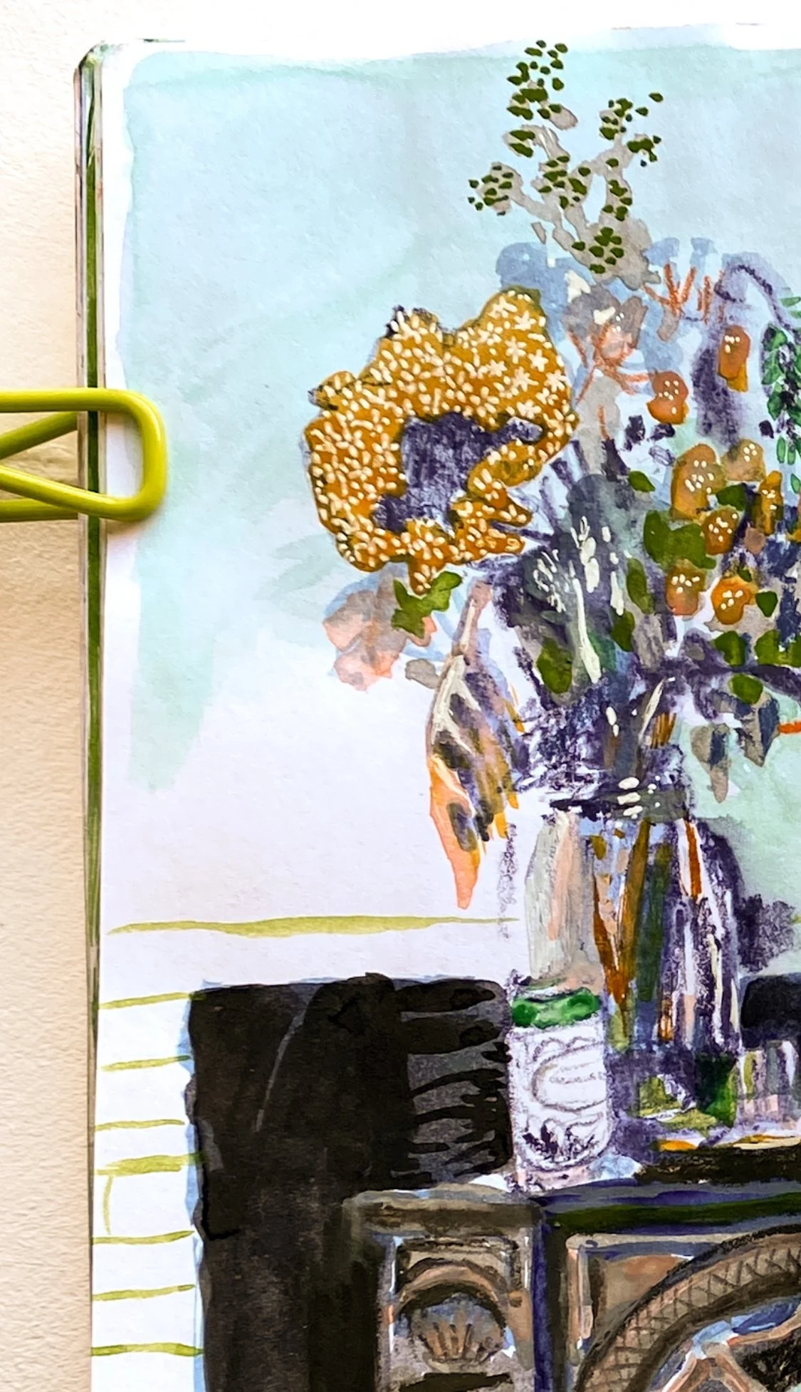 2024
Pencil and watercolor
Vase of flowers on my woodstove