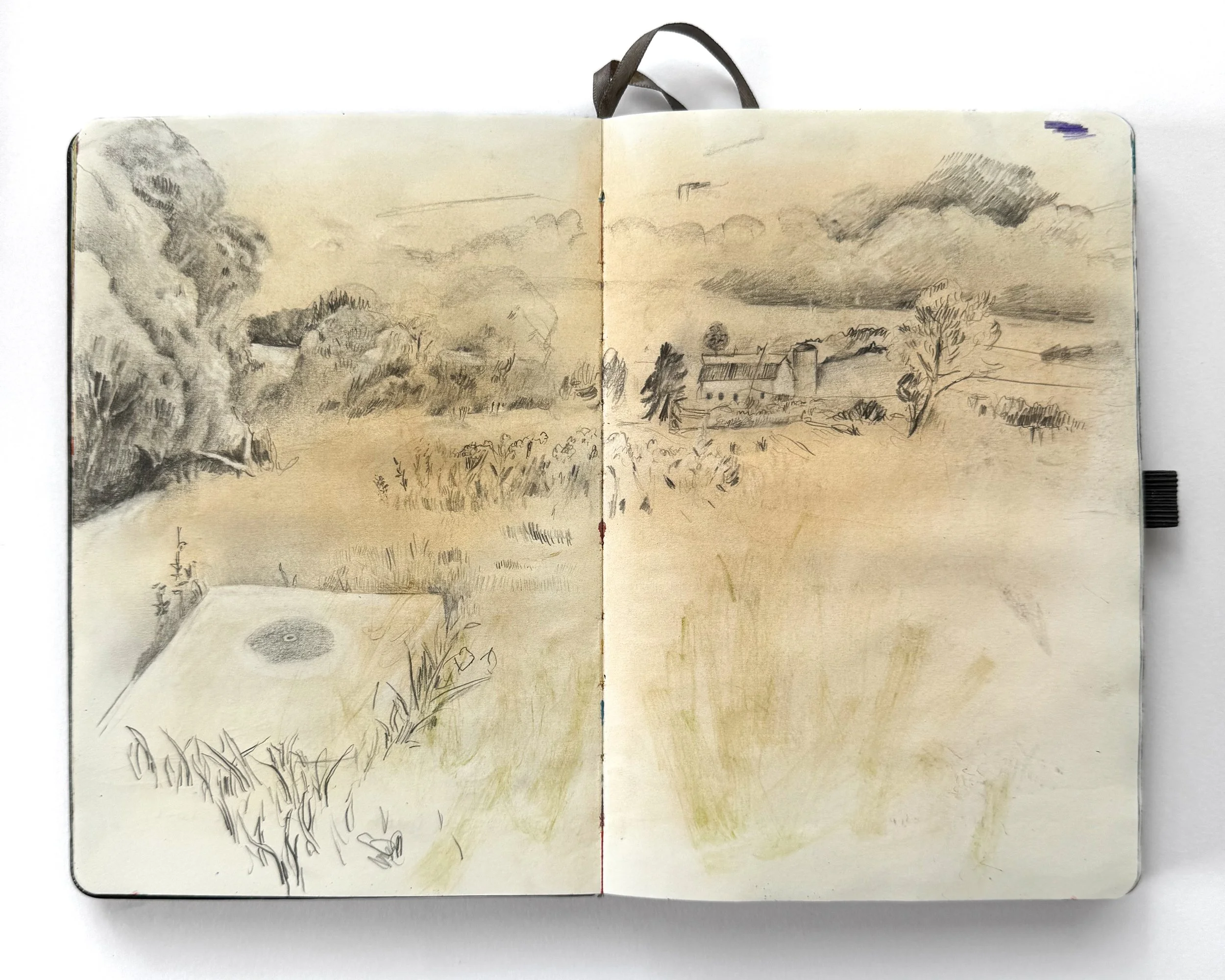2025. Pencil and dirt. Veiw from the cement block, Dogwood field, Swannanoa NC. 