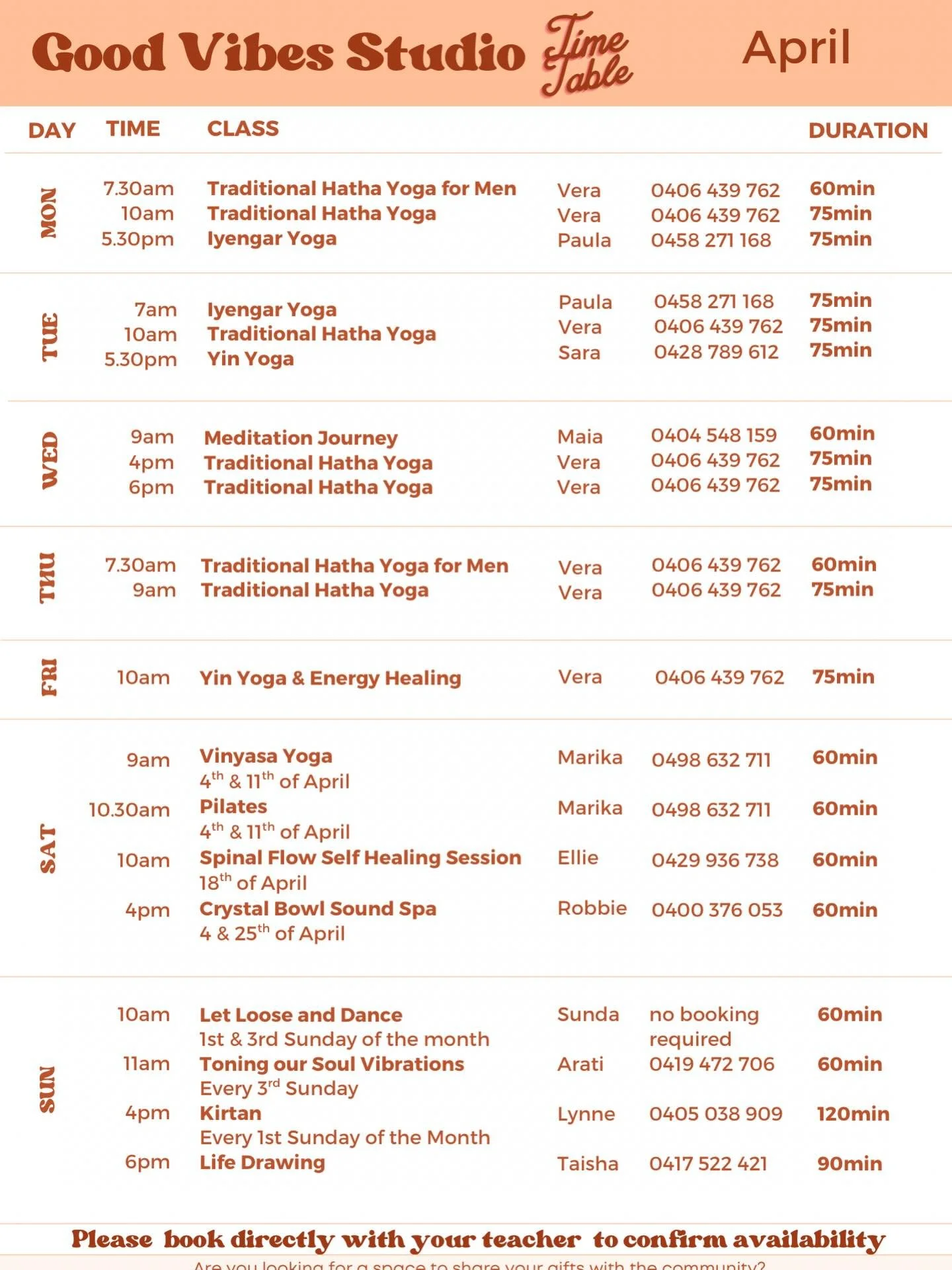 Vera will be teaching until 9th of April before travelling to Sri Lanka, after which Sara, Steph, Alice, and Jenn will be holding most of her classes. You can find the updated schedule from 10th of April on the website and on social media.💛✨🫶