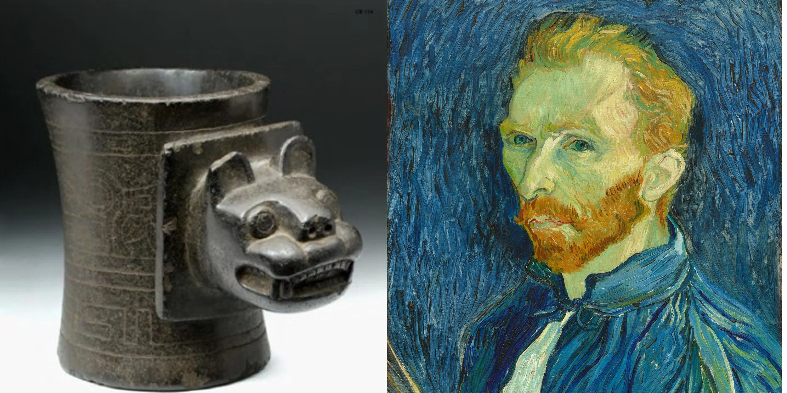 Vincent van gogh self portrait in bright blue, green and yellow hues. Picture of wooden or metal bronze cup shaped relic with a animal carving