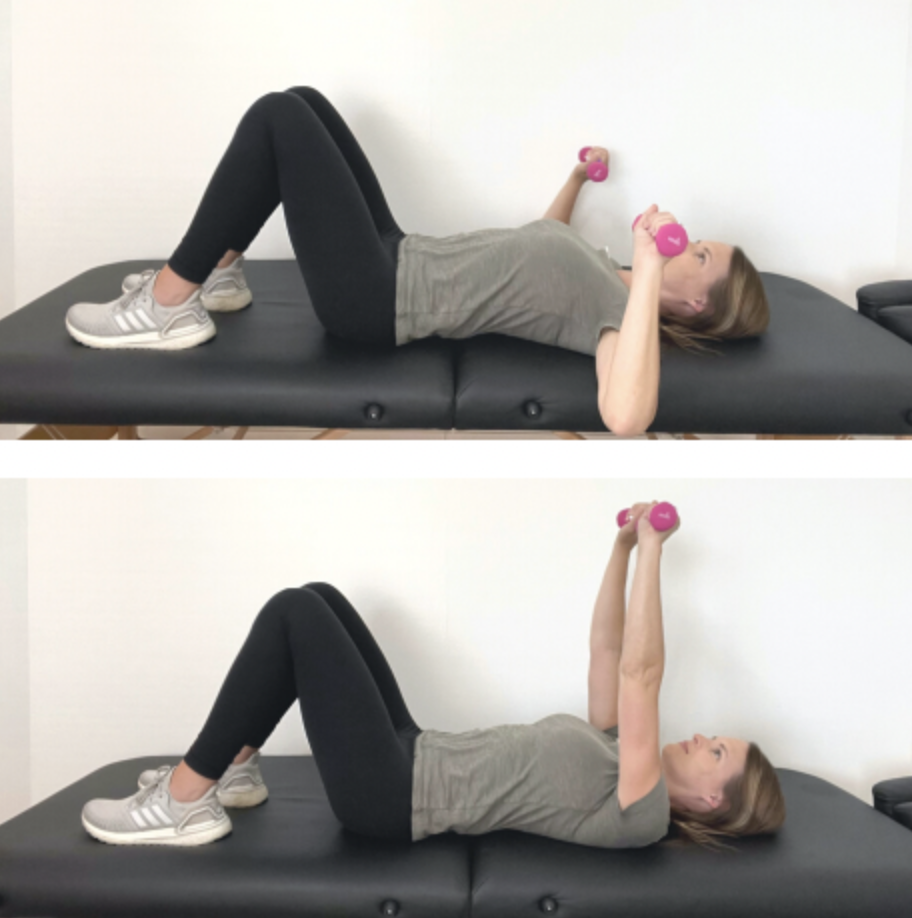 A woman in athletic wear lies on her back on a bench, performing exercises for breast lymphedema. She presses pink dumbbells from bent arms to fully extended, demonstrating a chest press in two separate images.