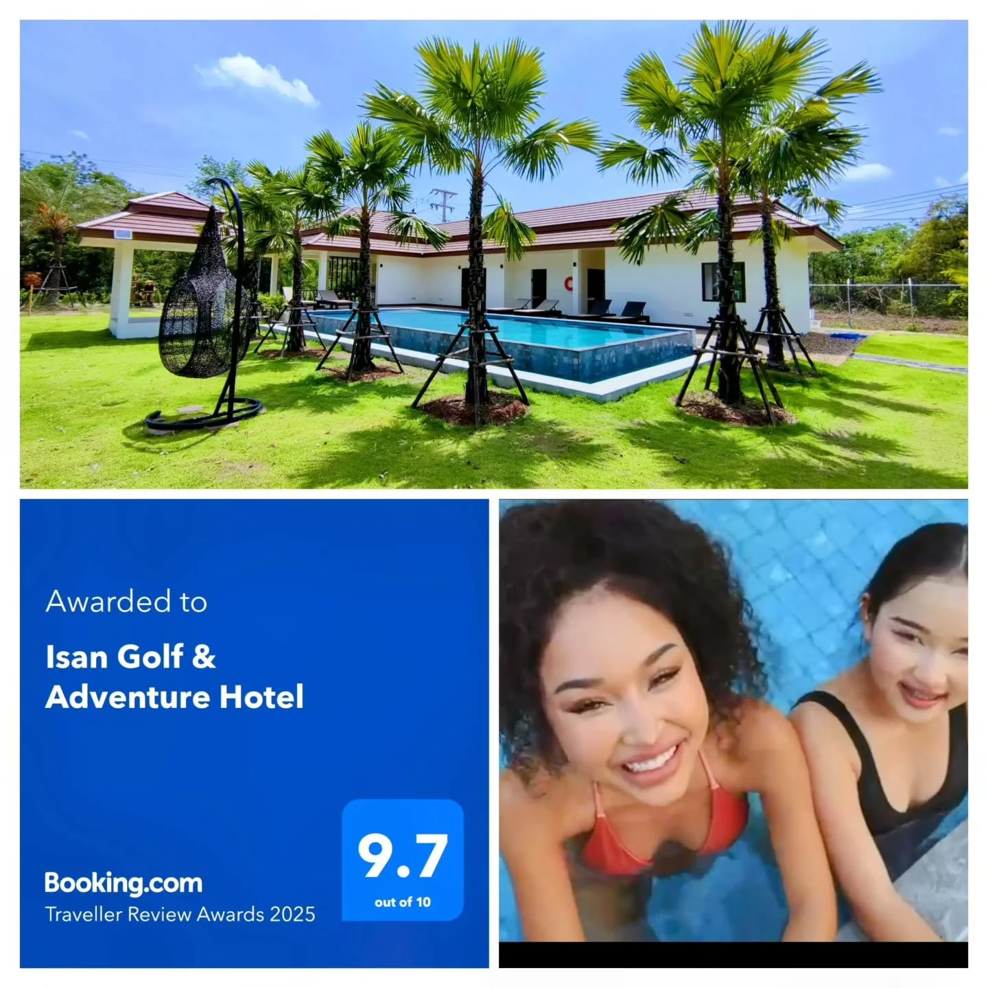 We are thrilled to announce that Isan Golf &amp; Adventure Hotel has been honored with a Traveller Review Award 2025 from Booking.com! 🌟 With an exceptional average rating of 9.7/10 from over 100 reviews, we are truly grateful for the wonderful feed