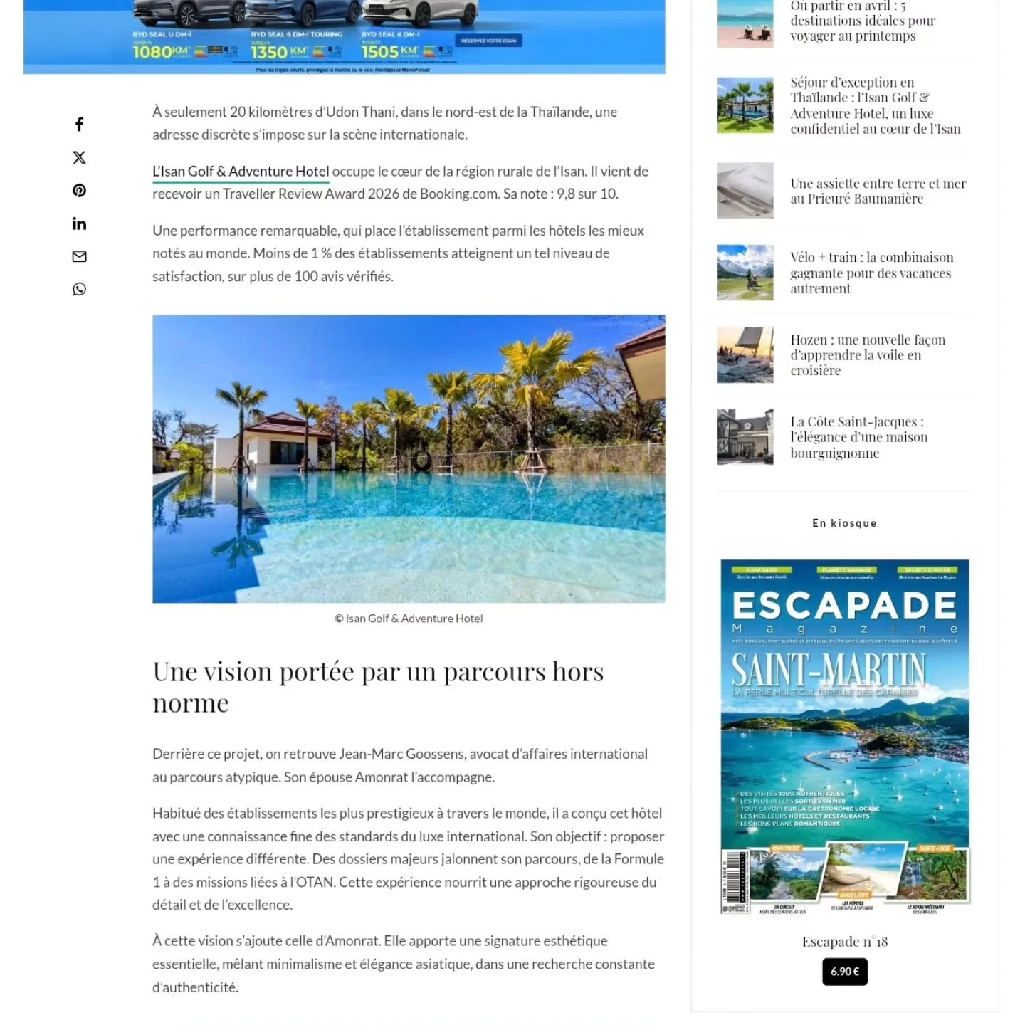 Tr&egrave;s fiers de voir l'Isan Golf &amp; Adventure Hotel &agrave; l'honneur dans le prestigieux magazine Escapades ! 🇹🇭✨ Une immersion au c&oelig;ur de notre vision du luxe et de l'authenticit&eacute; en Tha&iuml;lande.
​📖 &Agrave; lire ici : h