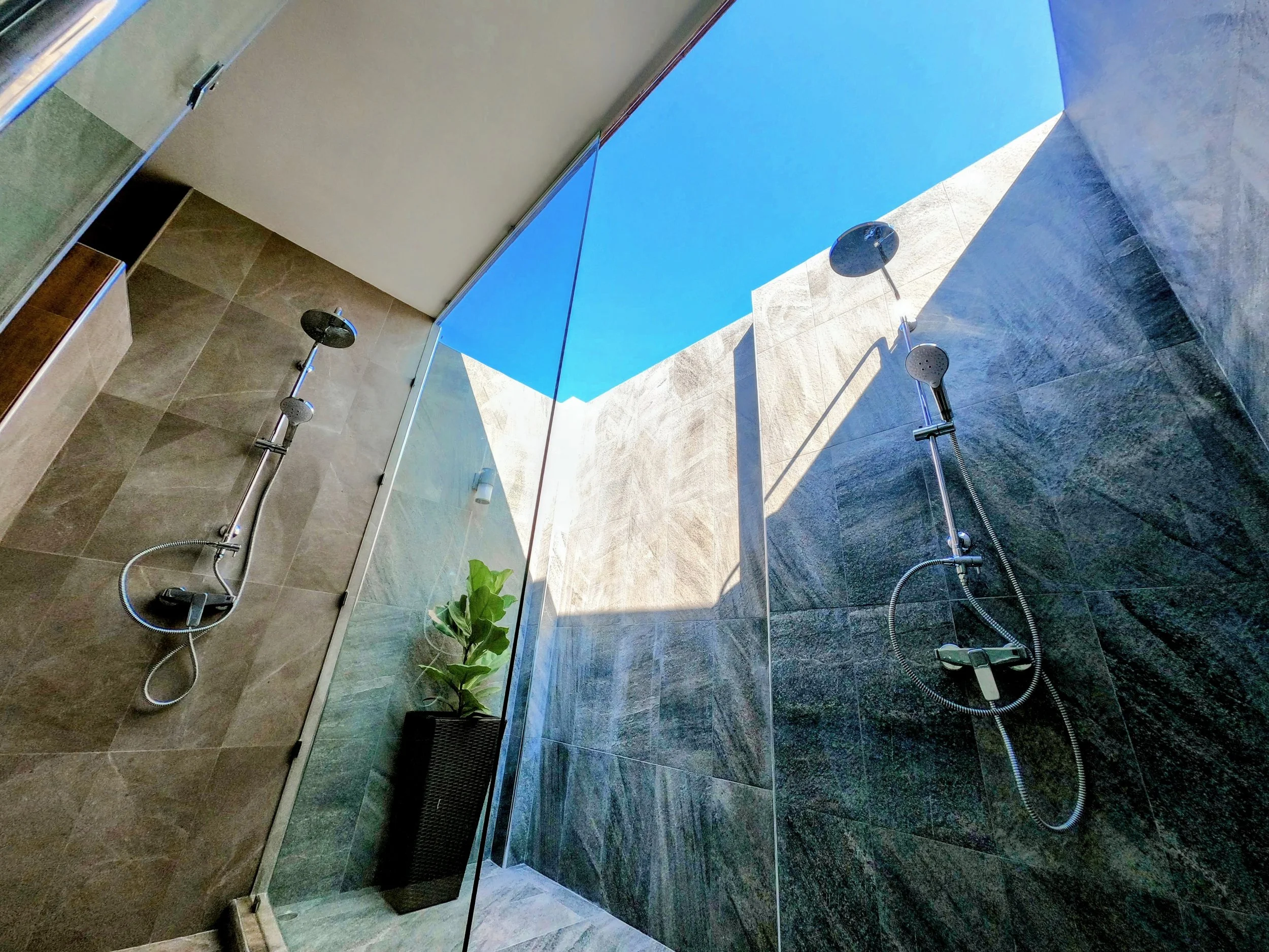 Modern bathroom and Balinese outdoor and indoor showers, luxury bungalow hotel, Udon Thani Isan Thailand