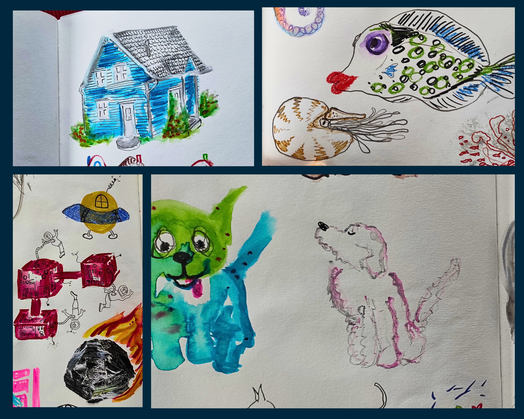 Sketches bunte Zeichnungen skizze Farbe Fisch Hund Haus