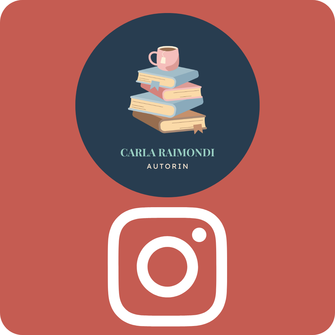 Ein Logo mit gestapelten Büchern, einer Tasse und einem Lesezeichen, darunter der Name Carla Raimondi und die Bezeichnung Autorin, auf einem rundblauen Hintergrund, mit einem Instagram-Symbol darunter.