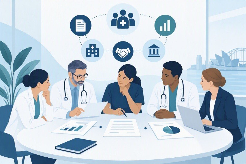 Cartoon of a diverse group of medical professionals problem-solving across a round table in a corporate setting.