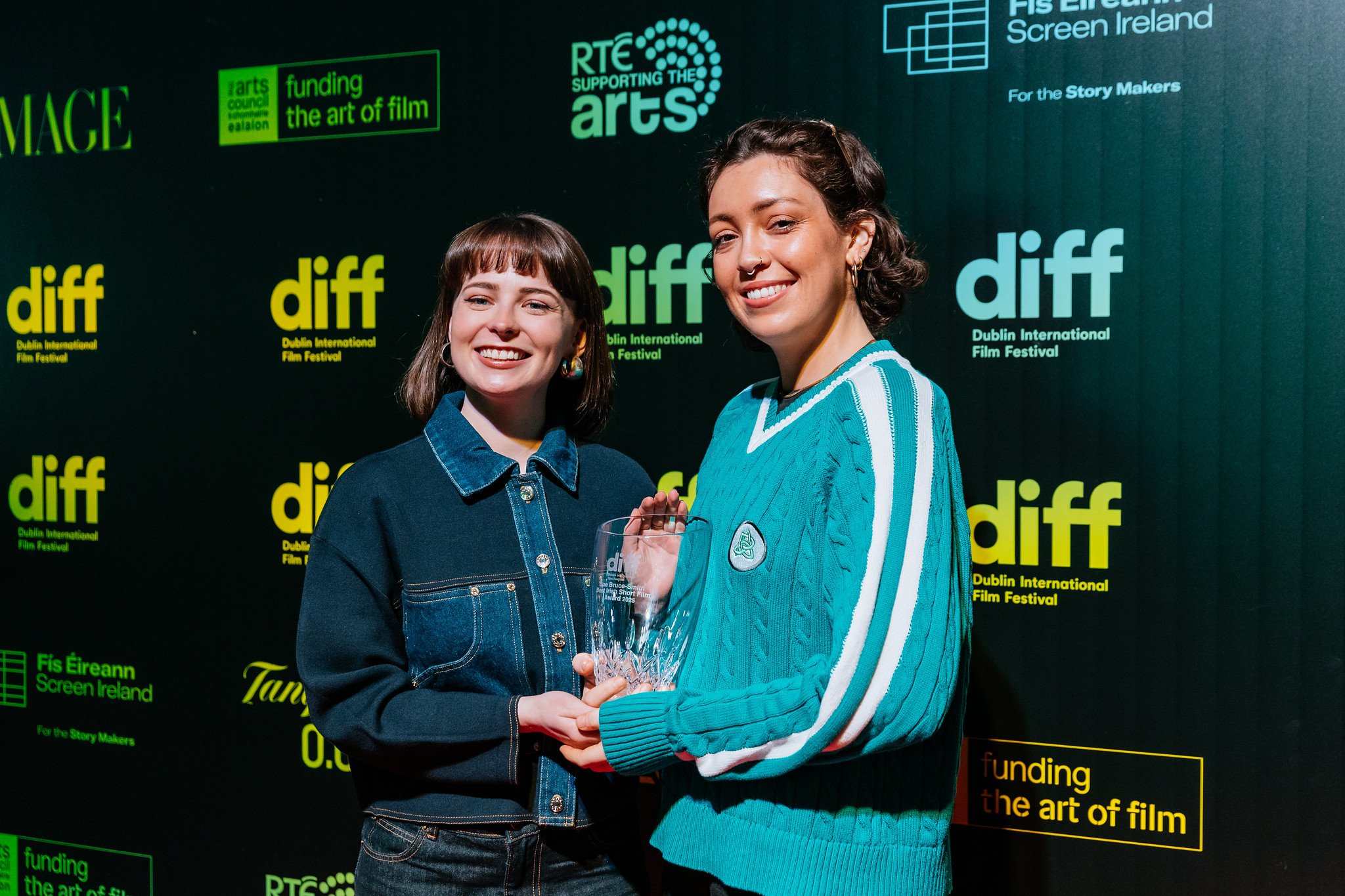 Niamh Bryson and Heather O'Sullivan accepting The Best short Film at the 2025 Dublin International Film Festival. 