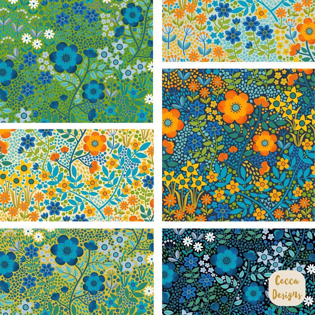 Some colorways for the other hero pattern of my Summer Florals collection. I&rsquo;d love some help naming this one? 🤷&zwj;♀️

#summerfloral #floralpattern #patterndesign #patterndesigner #artlicensing #summerflowers #summerpatterns #ipreview via @p