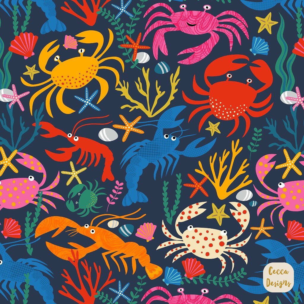 This week&rsquo;s Spoonflower design contest calls for crustaceans and I&rsquo;m loving so many of the designs I&rsquo;ve seen already! I just love this subject 😄. Here&rsquo;s my interpretation of the theme ☺️🦀🐚🦞

The voting opens tomorrow ☺️ 


