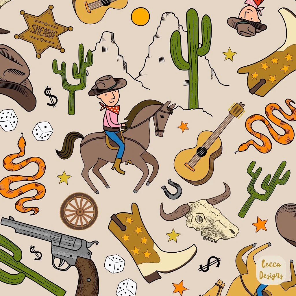 I&rsquo;ve had lots of fun with my Western entry for this week&rsquo;s Spoonflower contest, I think I&rsquo;ll have to build a collection up around it - so many fun motifs to get into! I&rsquo;ve published this in 3 scales as the contest version seem