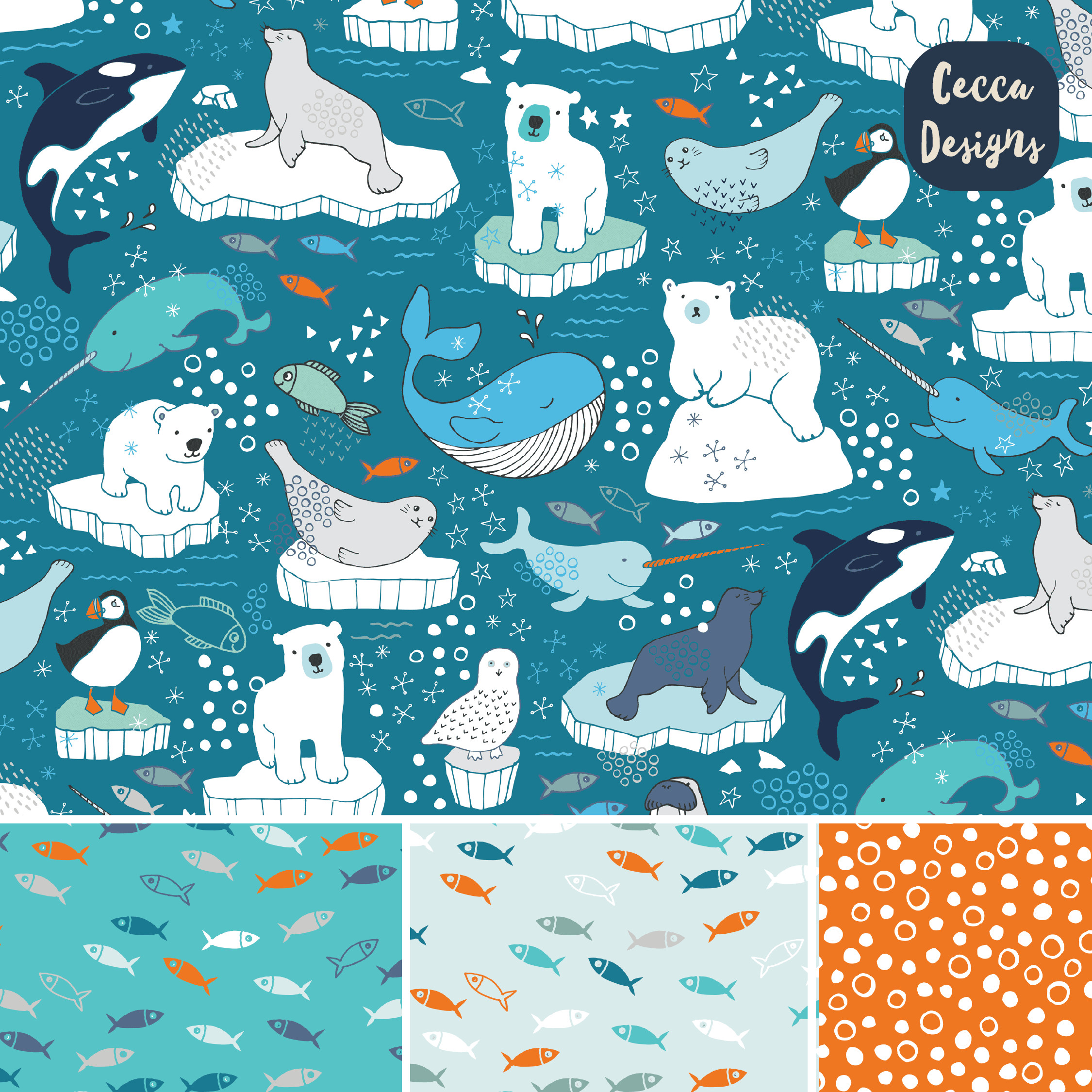 Pattern-Mosaic-Arctic-Animals-teal-and-orange-quad-01.png