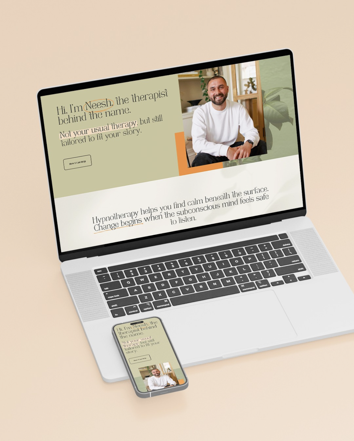 Mockup of therapist website displayed on a laptop screen, showcasing his new brand photography and professional online presence.