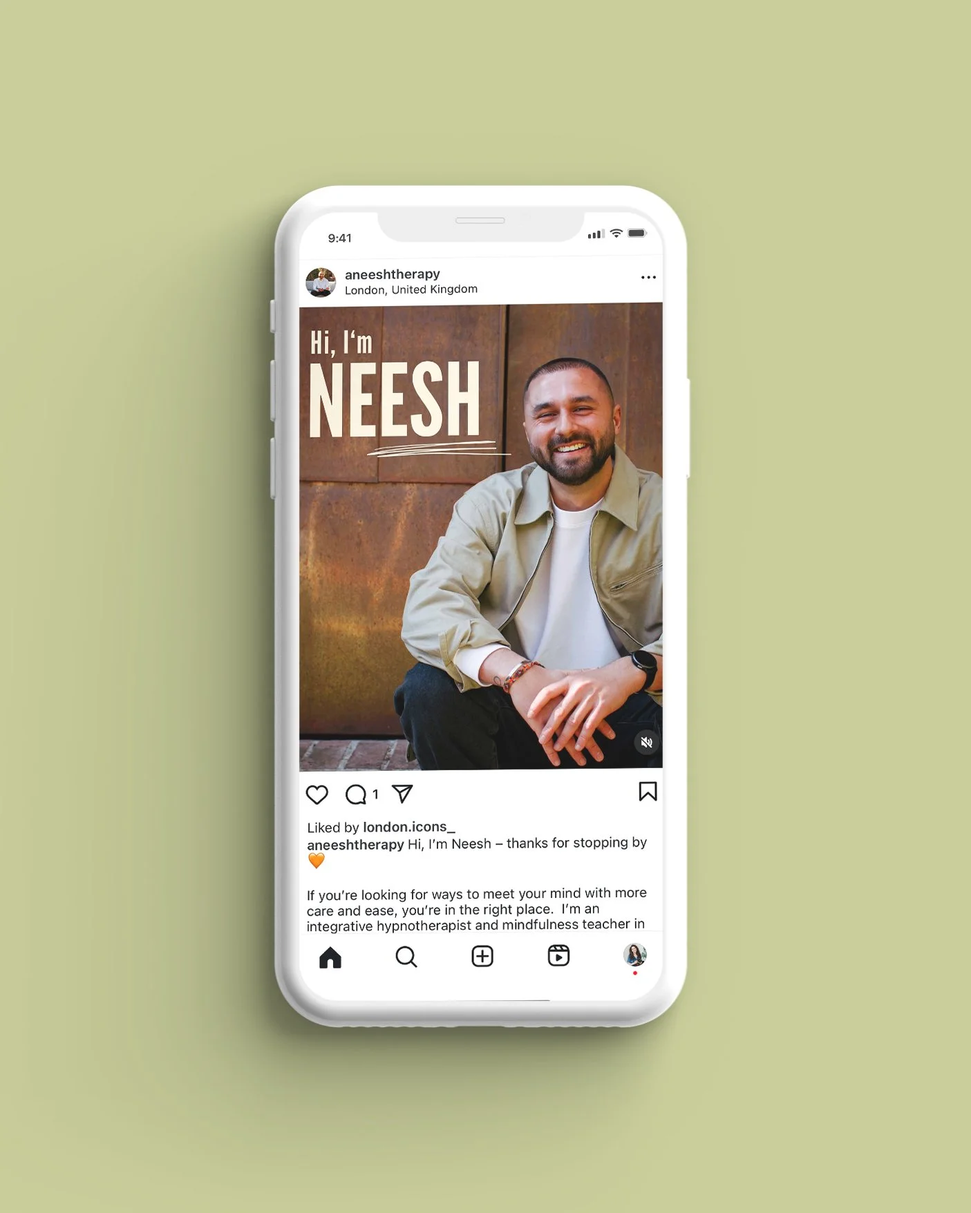 Instagram post mockup on a mobile phone featuring Neesh brand portraits, highlighting cohesive visual branding across social media.
