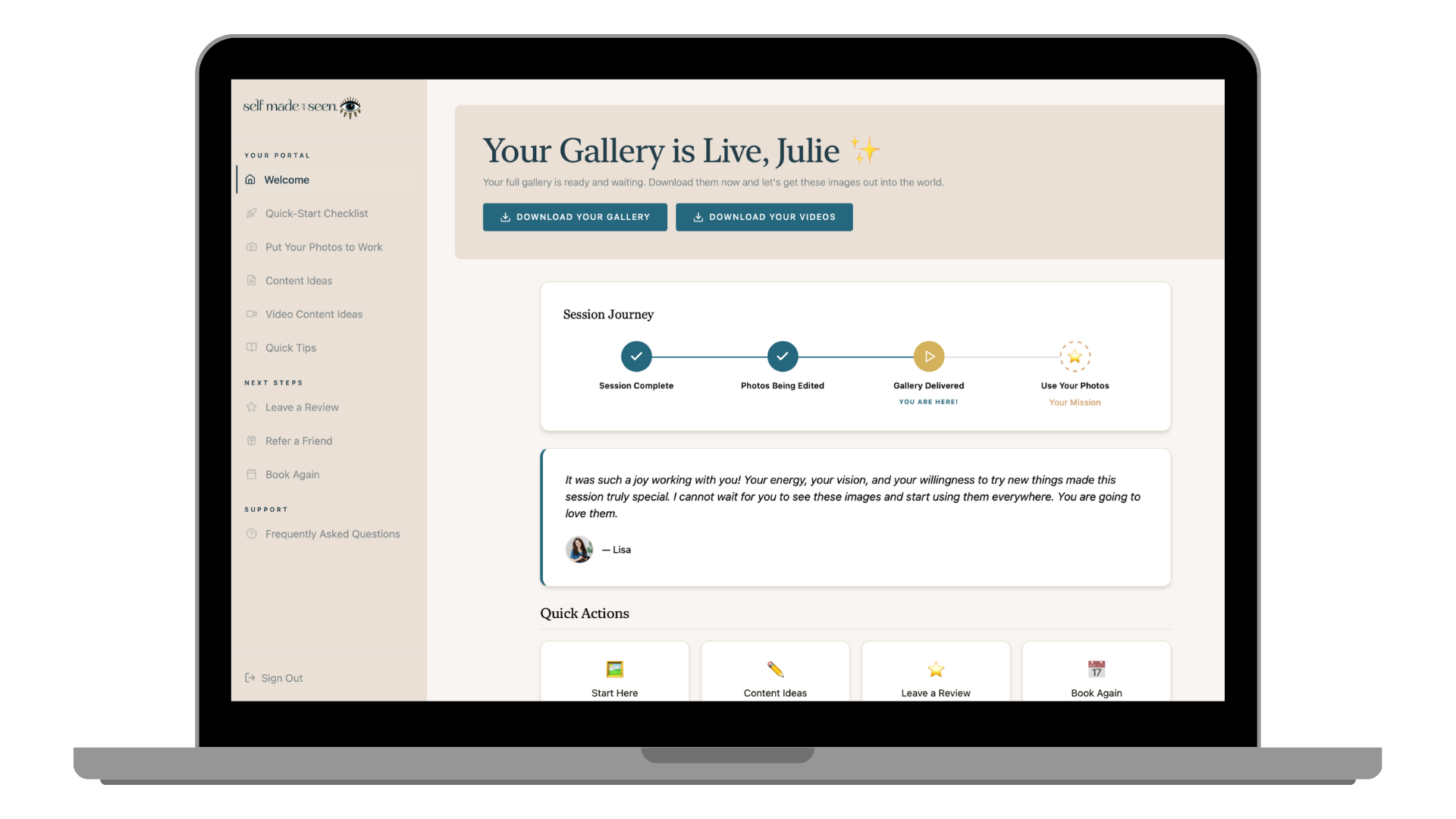 Client portal welcome page for brand photography clients showing shoot journey tracker