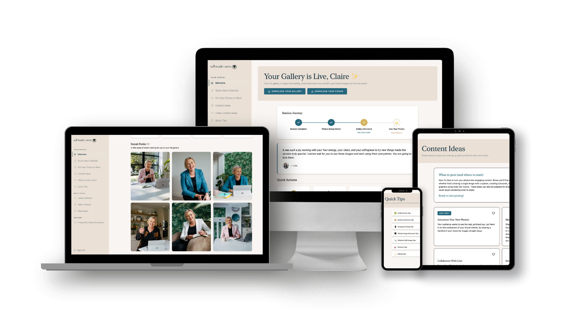 Brand photography client portal showing client journey, image sneak peeks, content ideas and quick tips