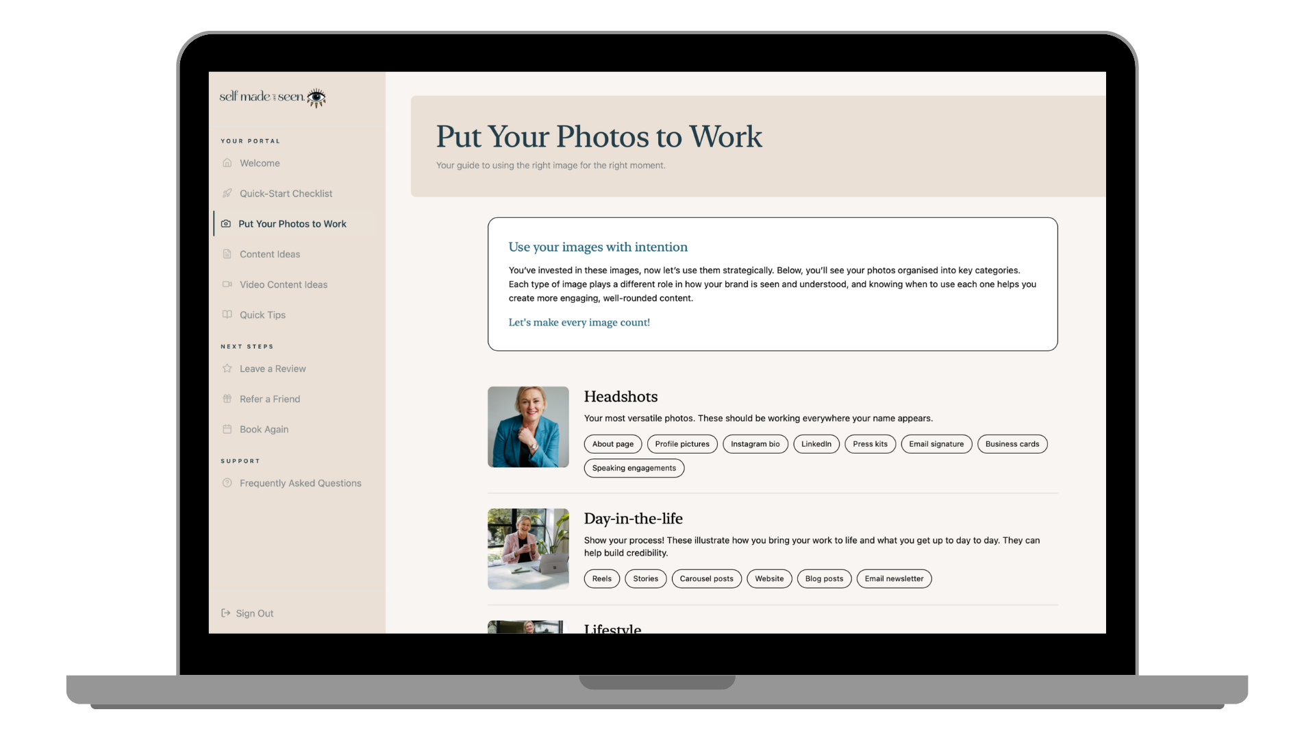 Brand photography client portal showing images organised by type for London business owner