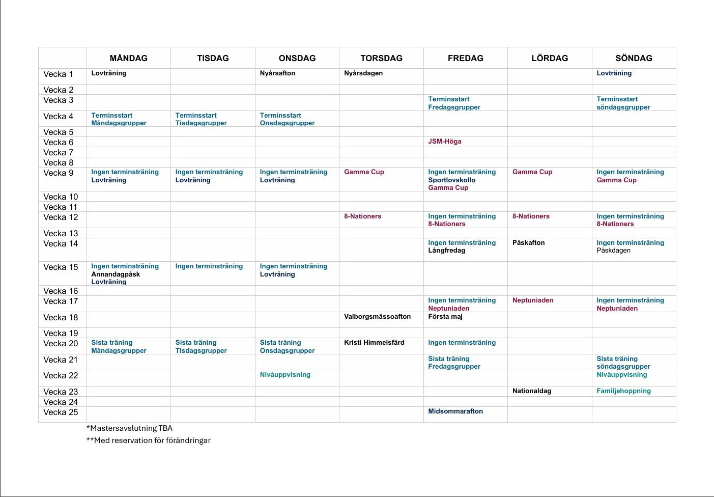 Skolkalender för ett sportlag med veckovisa aktiviteter som träningar, tävlingar och nationella helgdagar, indelad i veckonummer.