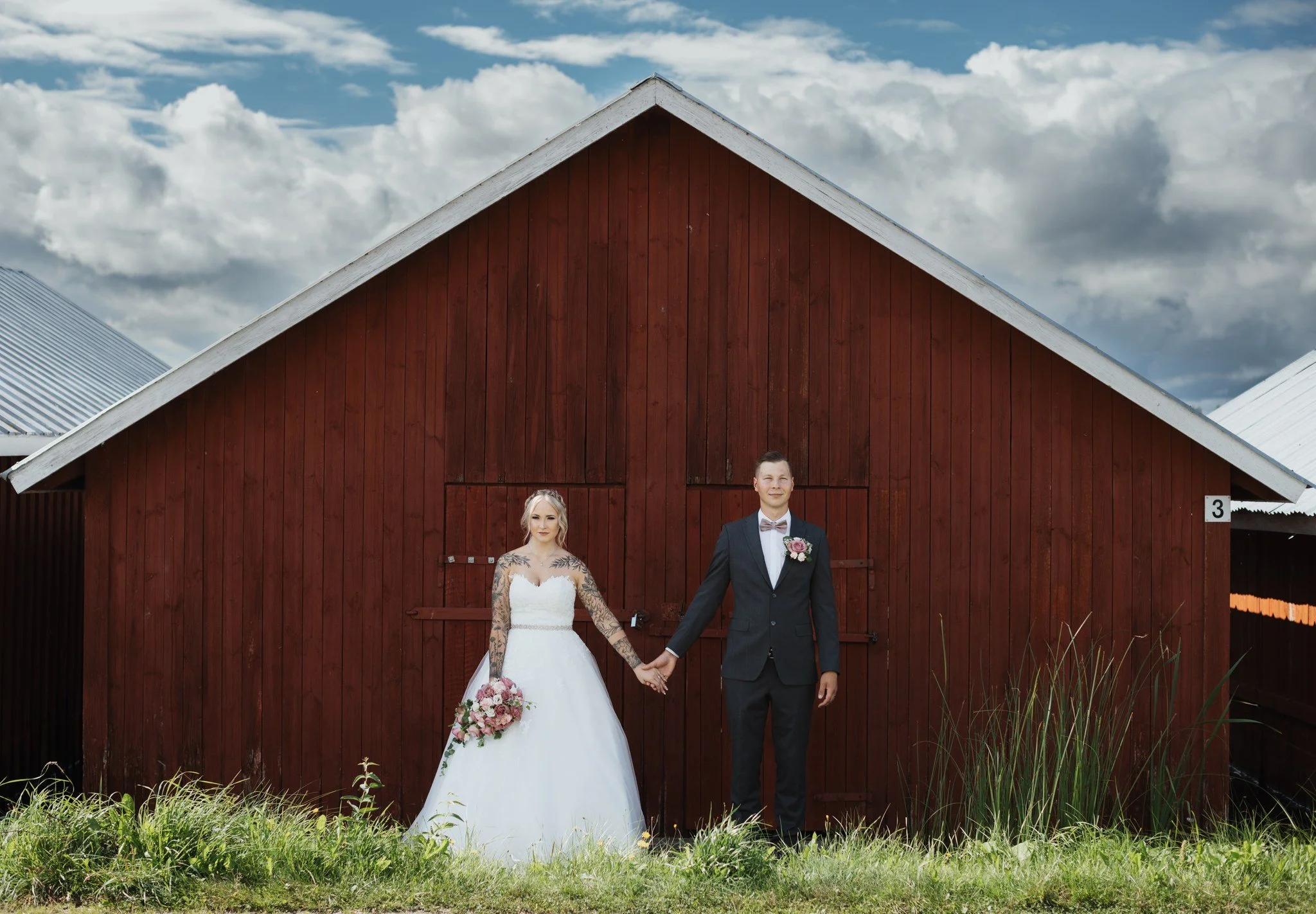 Hääpari seisoo käsi kädessä vihreän &amp; bölgi joutsenen edessä, puutarhassa, puna-viheriönä vanha hevostalli, taivaalla pilviä, hääpuku ja puku.