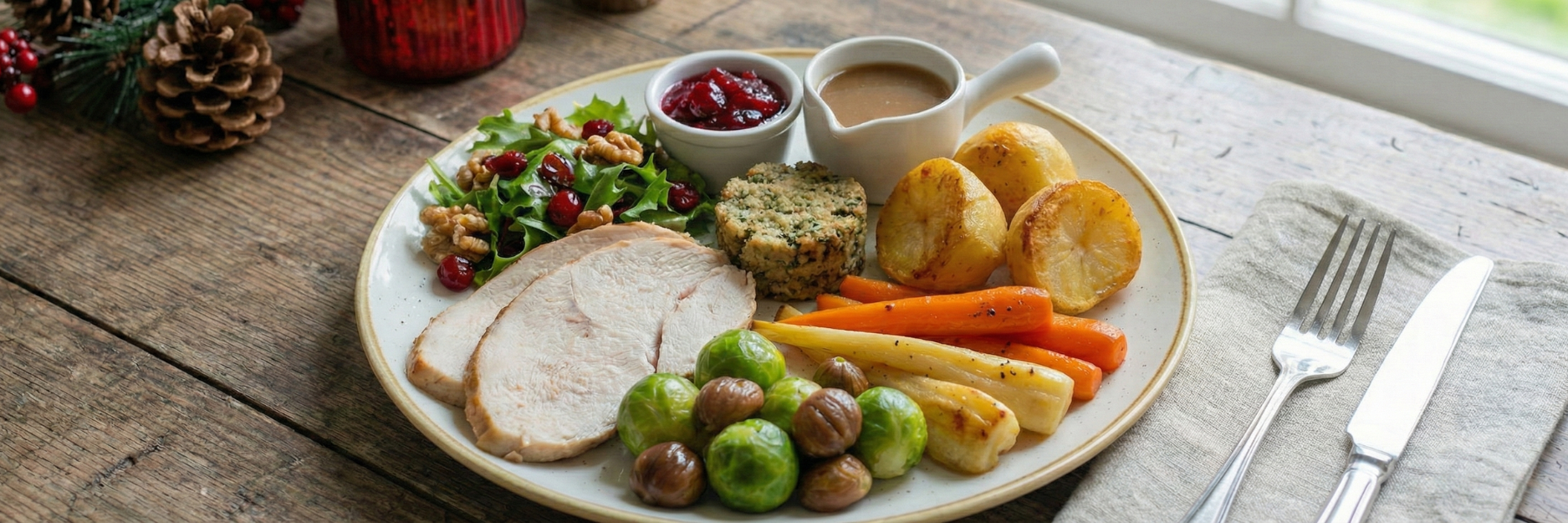 Balanced Christmas meal with roasted turkey, vegetables, potatoes, and gravy, demonstrating healthy portion sizes
