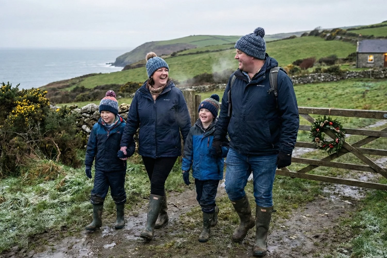 Family walking outdoors in the Irish countryside during winter, staying active together over the Christmas season