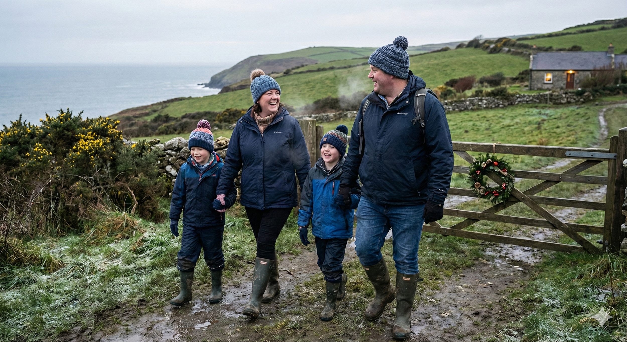 Family walking outdoors in the Irish countryside during winter, staying active together over the Christmas season