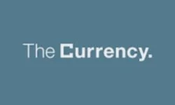 The Currency logo in white text on a blue background