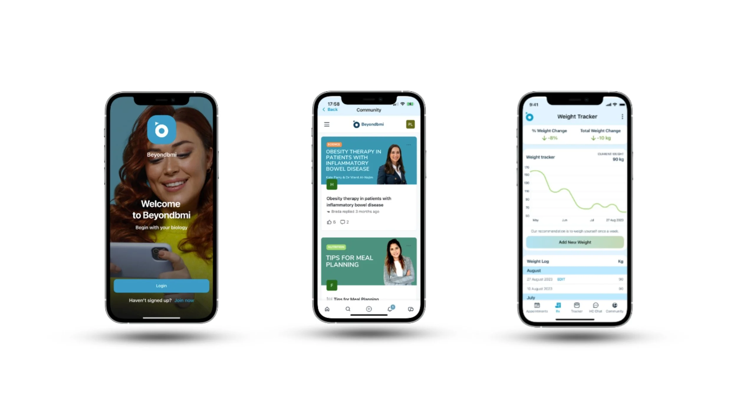 Three mobile screens showing the Beyondbmi app, including welcome page, community, and weight tracker