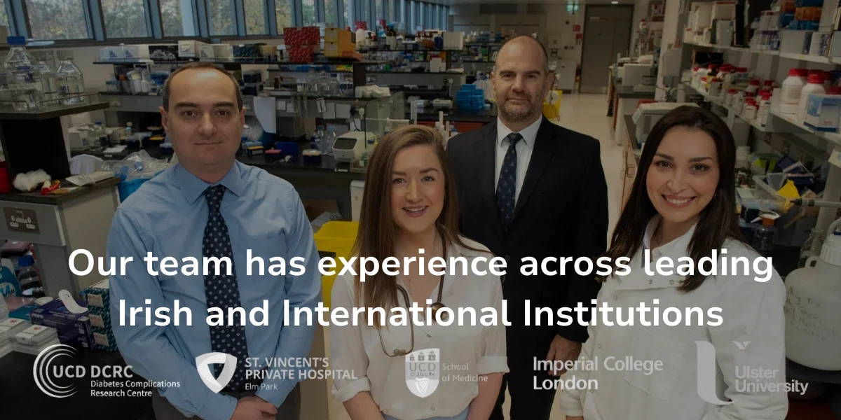Team of experts in the background with a white text "our team has experience across leading Irish and International Institutions" and the los of those intitutions