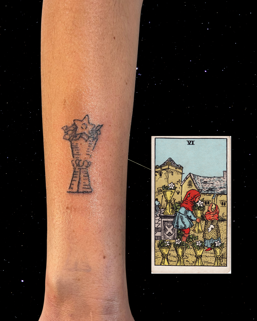 Hand Poked Tattoo of a tarot card, the Six of Cups, is on a person's arm, next to an actual card of the same tarot card, the Six of Cups, which features two children exchanging cups in a historical village setting.