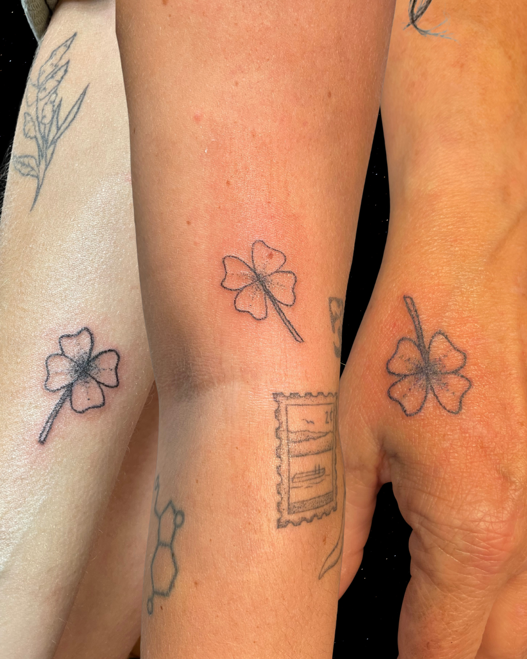 Close-up of three people’s arms with various small from the lines of Nazca, including four-leaf clovers