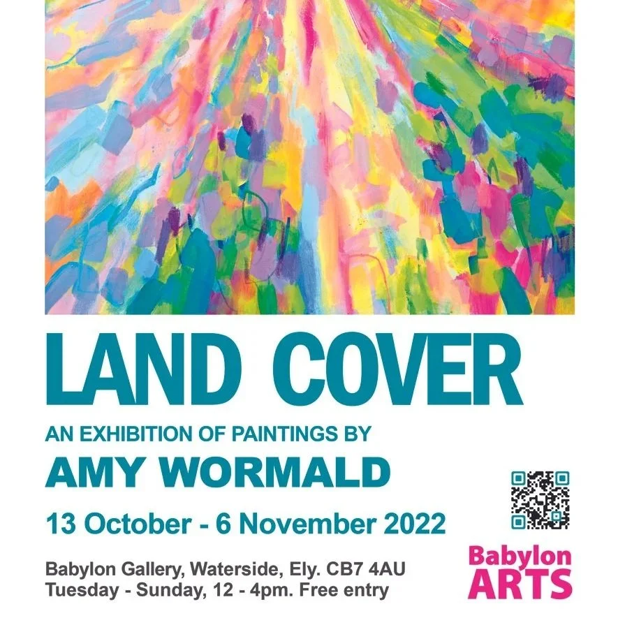 Exhibition poster for solo show by artist Amy Wormald. The image show colourful abstract painting with vibrant streaks of pink, yellow, green, blue, and purple.