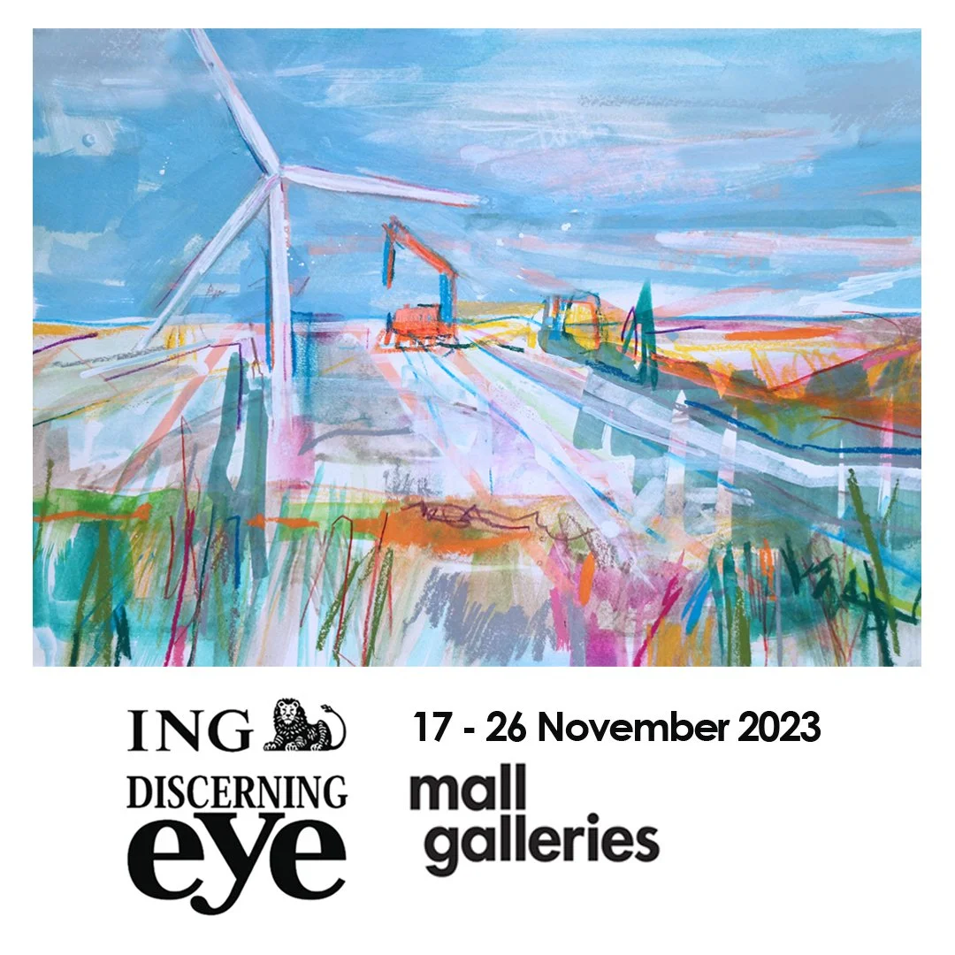 A colourful abstract painting by artist Amy Wormald of a landscape with wind turbines, buildings, roads, and sky. The scene is rendered with loose, expressive brushstrokes in shades of blue, green, orange, pink, and purple.