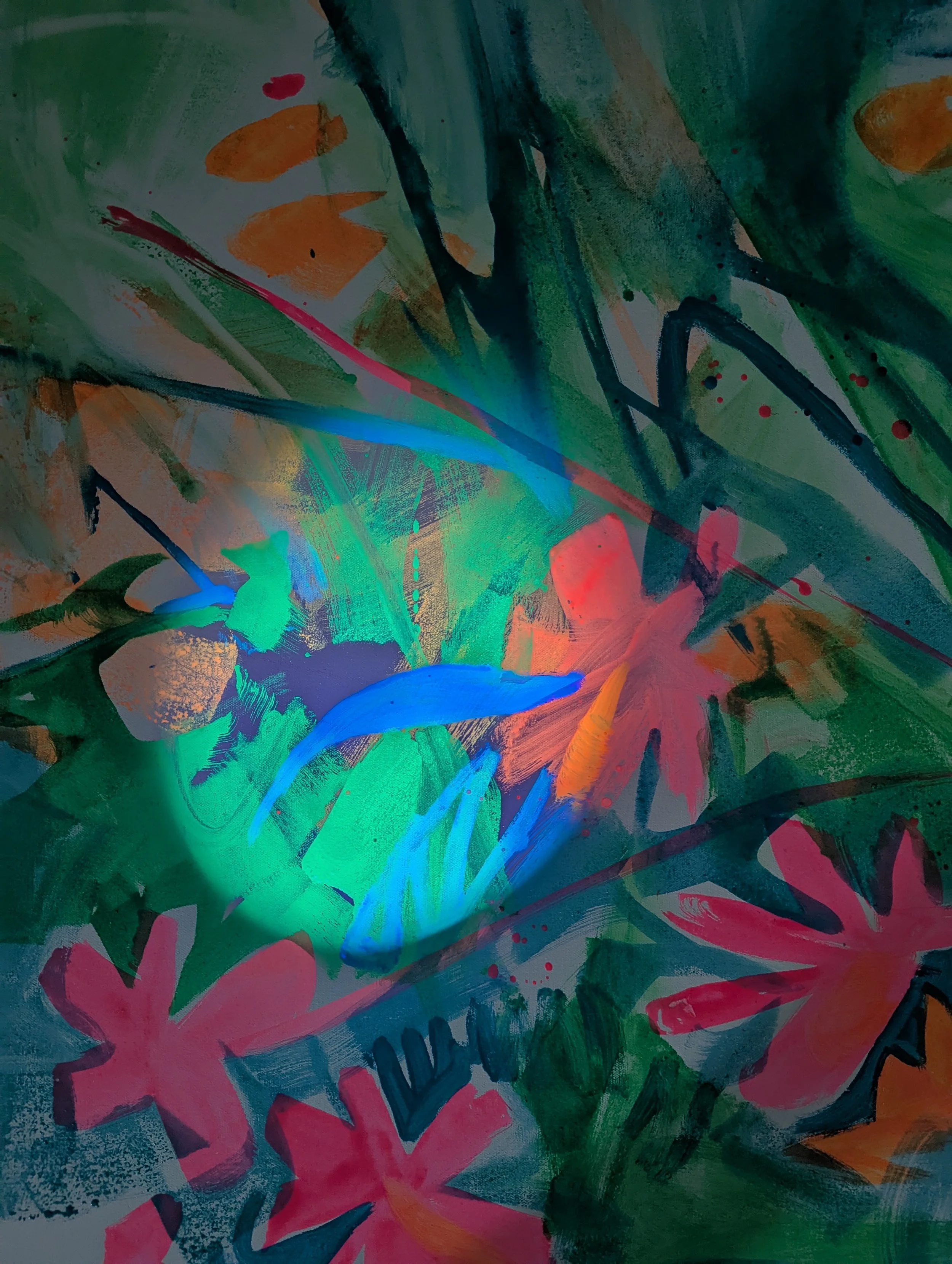 Colorful abstract painting with green, orange, pink, and blue brushstrokes and shapes.