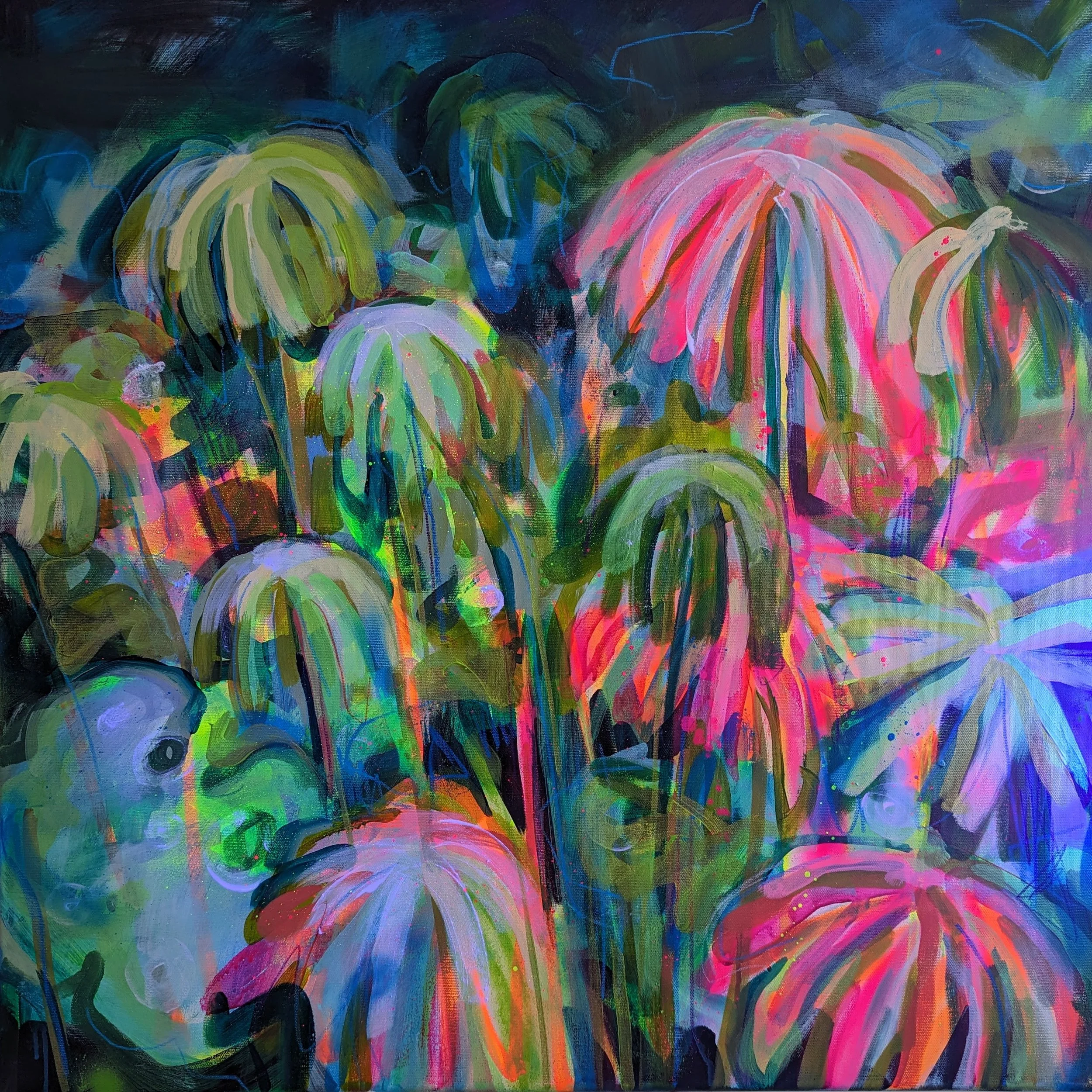 Colorful abstract flower painting with pink, green, blue, purple, and yellow hues.