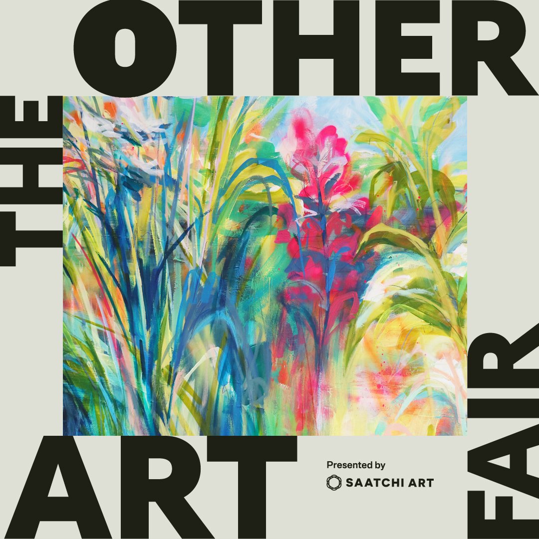 A colourful, abstract painting by artist Amy Wormald of a floral display with tall grasses and pink flowers. The artwork features bold, bright colours including blue, green, yellow, and pink.