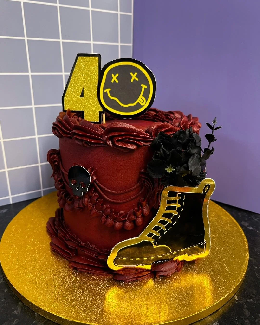 I had so much fun with this cake!! We wanted a punk vibe, with the birthday girls tattoo designs incorporated into the toppers!! And I am in love with the final cake!! I also filmed me decorating this one. So keep your eyes peeled for the decorate wi