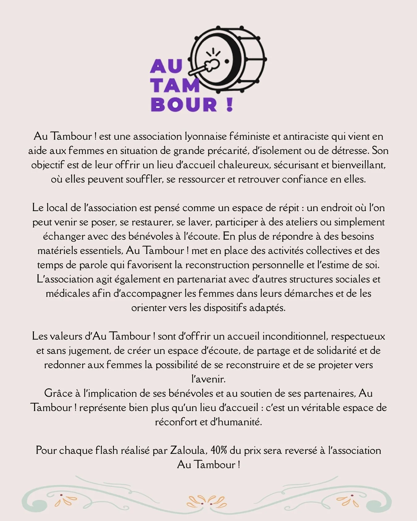 AU TAMBOUR ! ❤️ Pour ce flash day caritatif chacun de nos artistes a s&eacute;lectionn&eacute; une association pour laquelle, une partie des gains sera revers&eacute;e. @zaloula_ a donc choisi l&rsquo;association @autambour, association qui qui vient