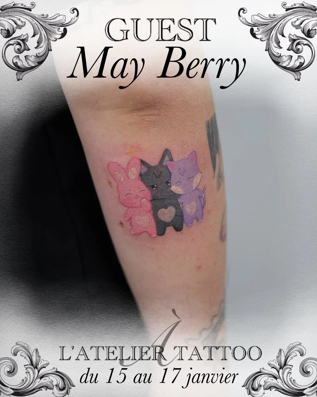 D&eacute;couvrez @mayberry.ttt et son univers manga K-pop color&eacute; 
&agrave; l&rsquo; @atelier.tattoo du 15 au 17 janvier 🩵💛🧡
Tu peux d&eacute;j&agrave; r&eacute;server ton cr&eacute;neau en la contactant directement 
.
#cutetattoos #colortat