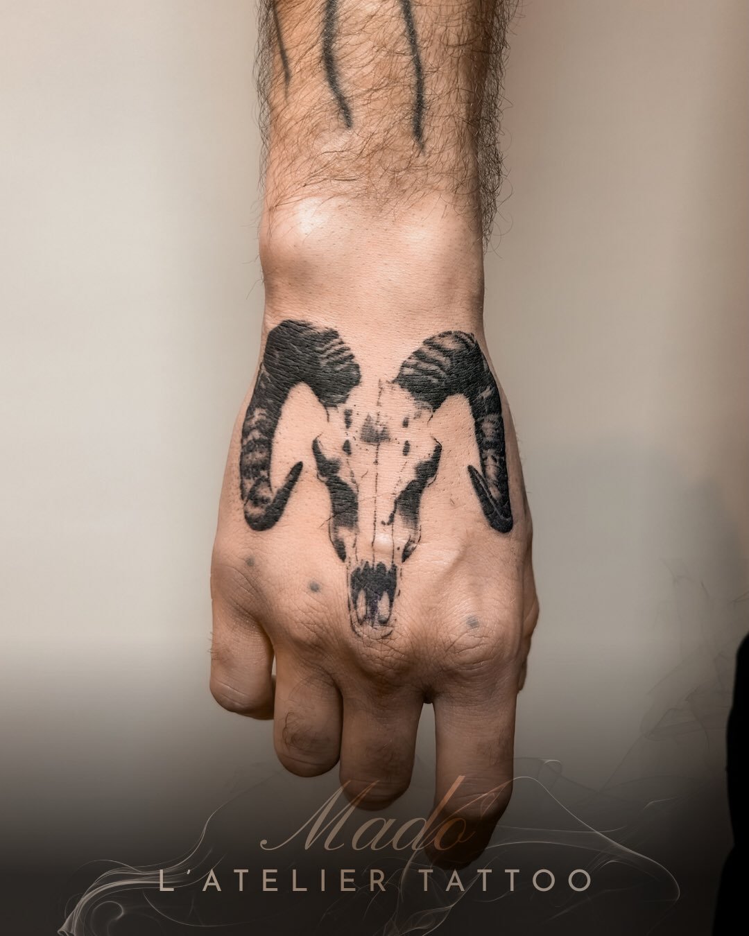 Cr&acirc;ne de b&eacute;lier en clair-obscur r&eacute;alis&eacute; par @madonyourskin 

@caenjaimemapeau 
@probodysupply 

#handtattoos #tatouagelyon #lyontattoo #skulltattoo