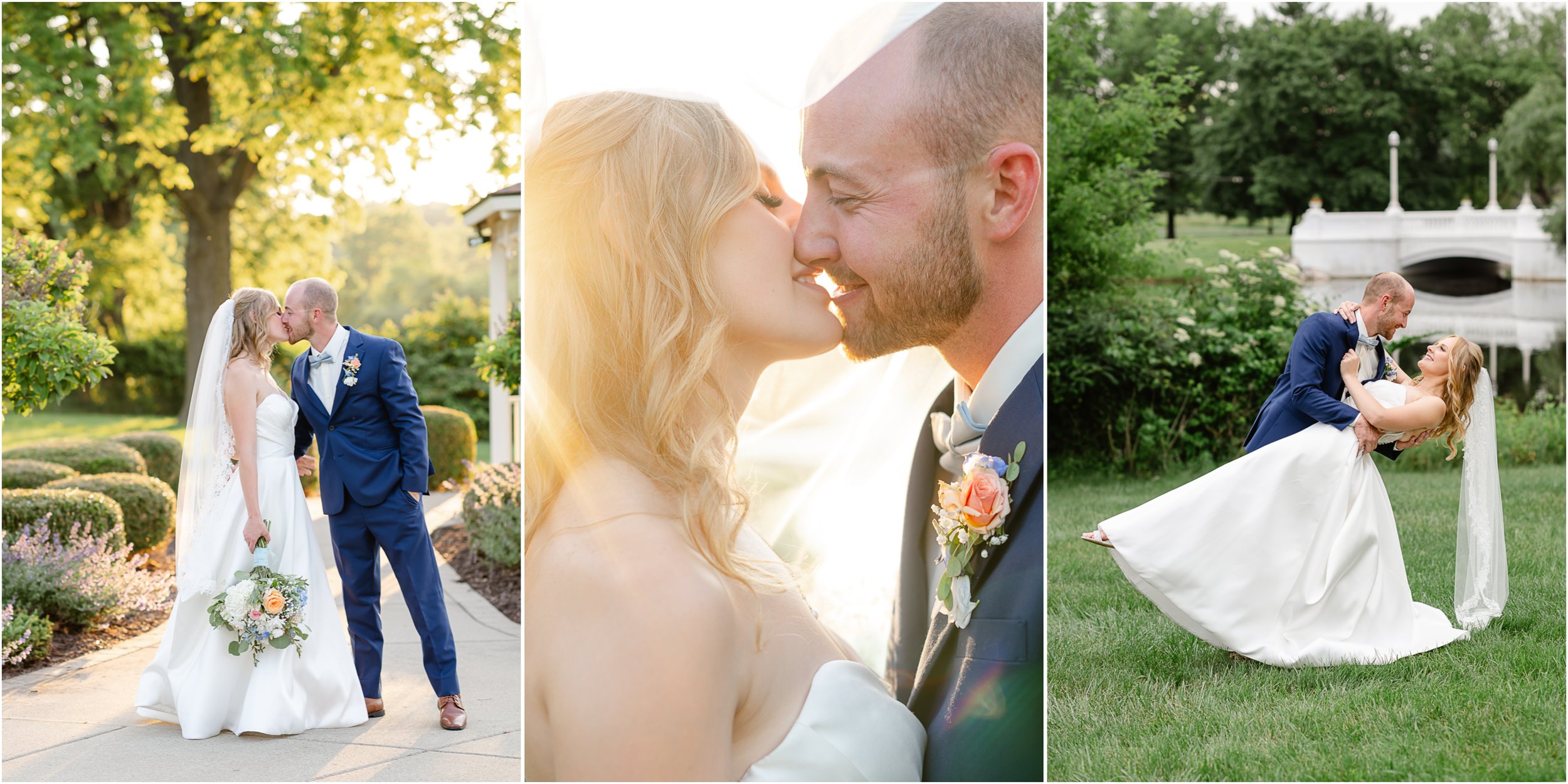 A wedding couple in outdoor garden setting with trees and a white bridge, the bride wearing a wedding gown and holding a bouquet, the groom in a blue suit, and the couple sharing a kiss and a dance.