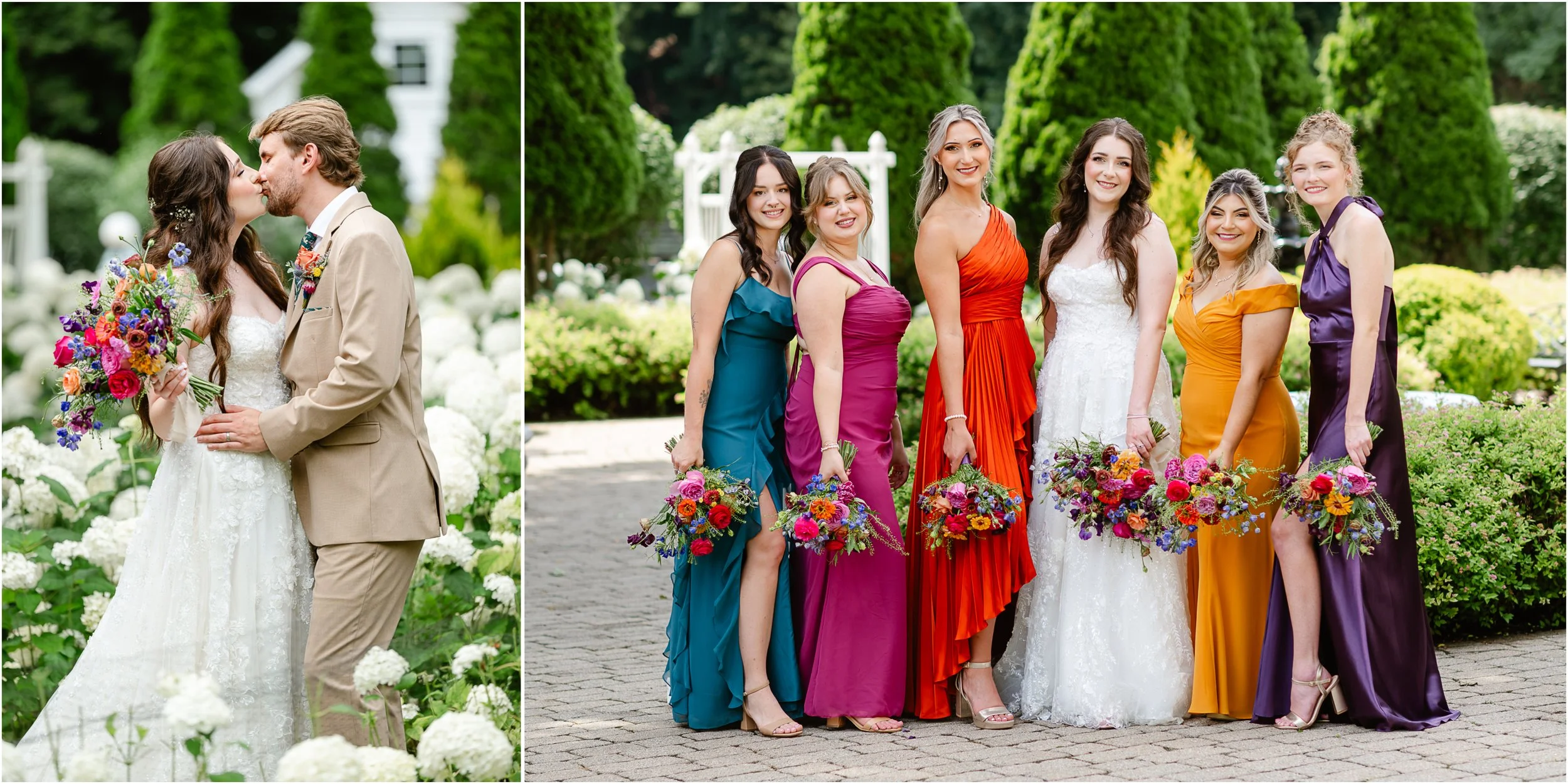 Left side: a bride and groom about to kiss, holding a colorful bouquet of flowers, standing among white hydrangeas. Right side: a group of seven women in colorful dresses, holding bouquets, standing outdoors in a garden with green trees and bushes.