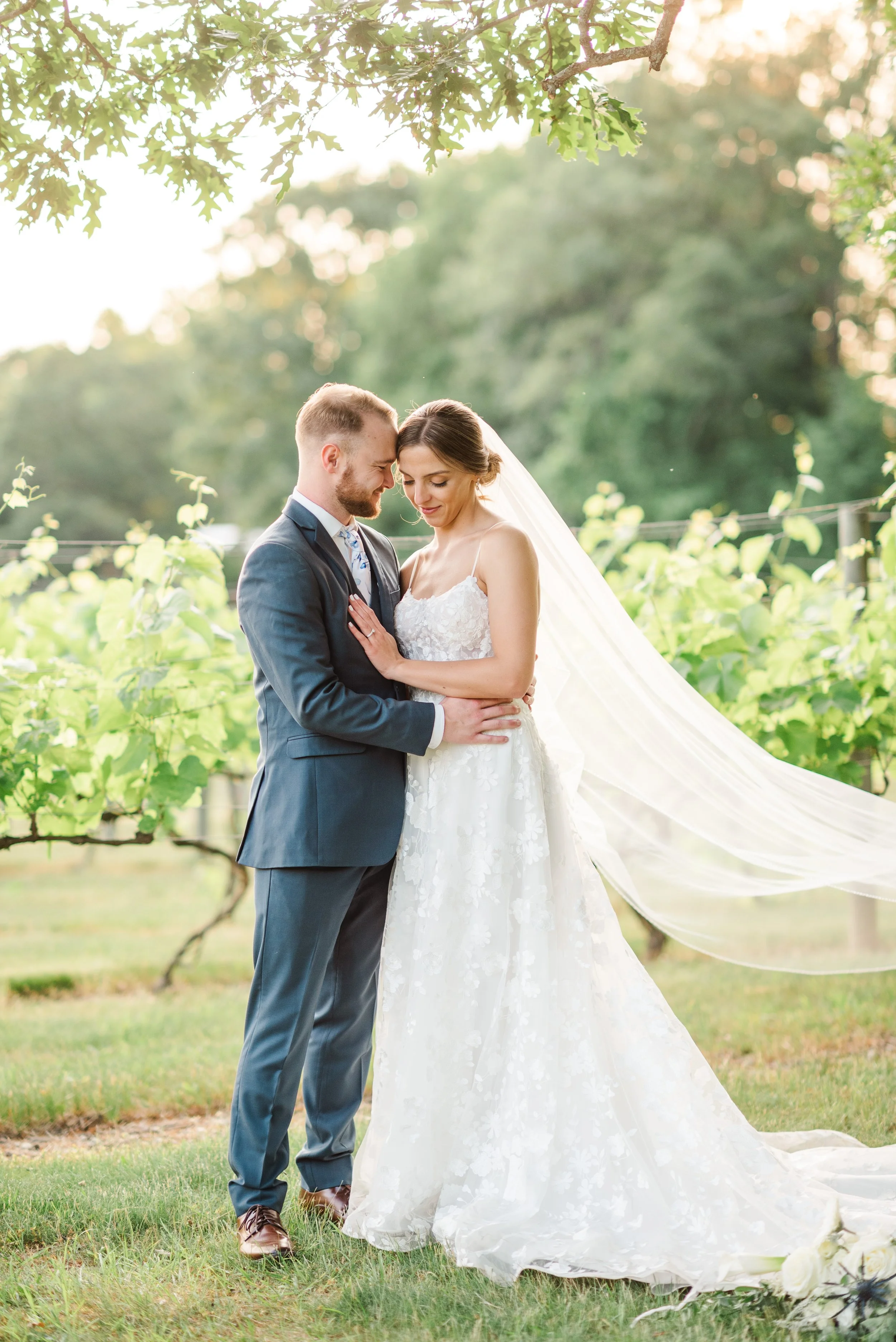 A bride and groom embrace outdoors at sunset, surrounded by lush greenery and vineyards, with the bride wearing a white lace wedding gown and veil, and the groom in a dark suit.